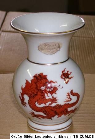 ILMENAU HENNEBERG PORZ. VASE ROTER DRACHE HANDGEMALT