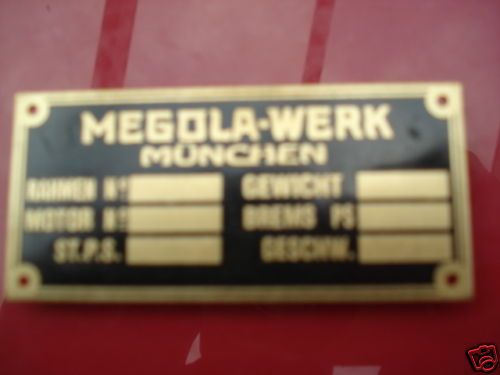 Typenschild Schild Megola Id plate oldtimer