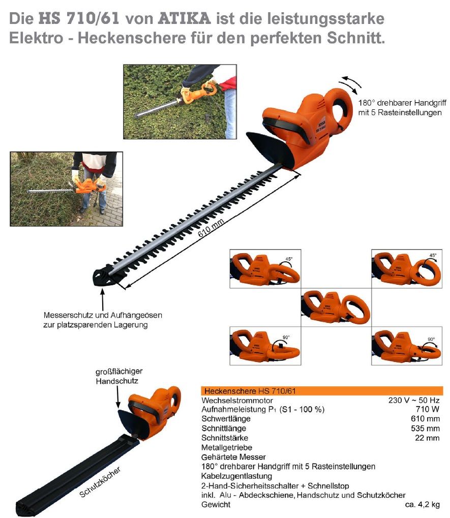 ATIKA Heckenschere HS 710/61 mit Sicherheitsschalter + drehbarem