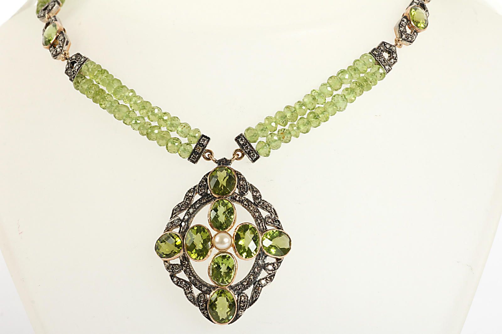 PRIVATBESITZ#925 ANTIK COLLIER GOLD 750 PERIDOT & BRILLANTEN