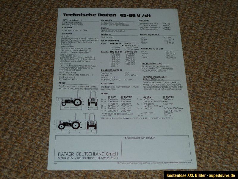 Fiat 45 66V/DT schmalspurschlepper prospekt von 86