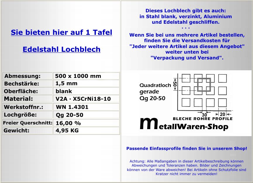 Lochblech Qg 20 50 Edelstahl 500 x 1000 x 1,5 mm / 784