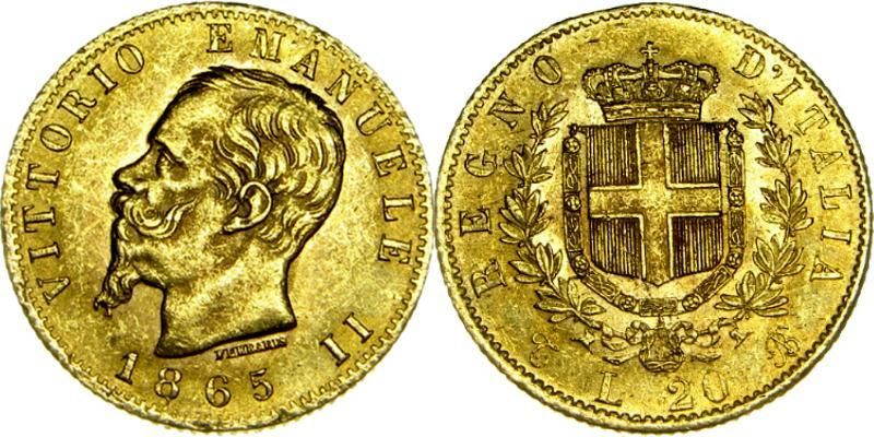 8374 Italien 20 Lire 1865 GOLD