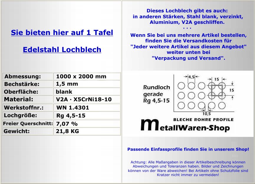 Lochblech Rg 4,5 15 Edelstahl 1000 x 2000 x 1,5 mm /786