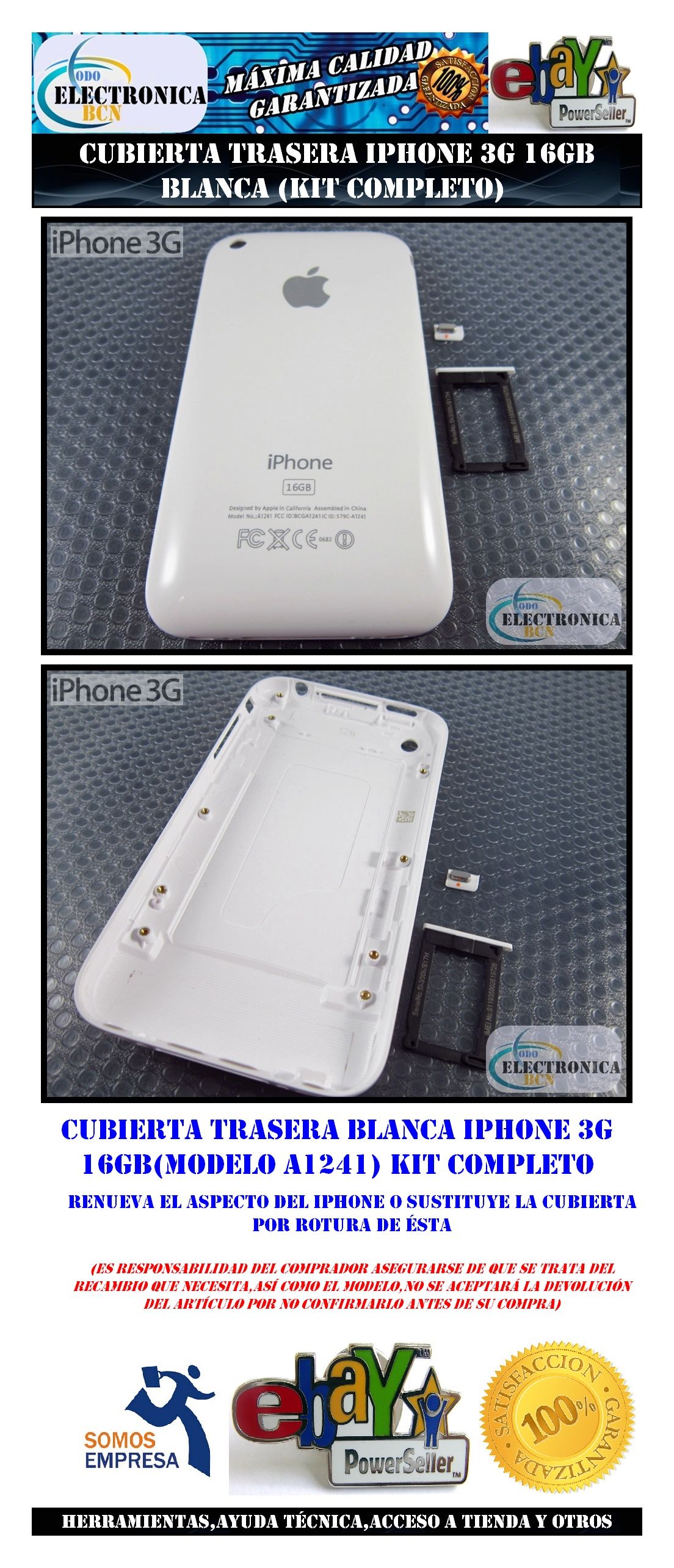 CUBIERTA TAPA CARCASA TRASERA IPHONE 3G 16GB BLANCA