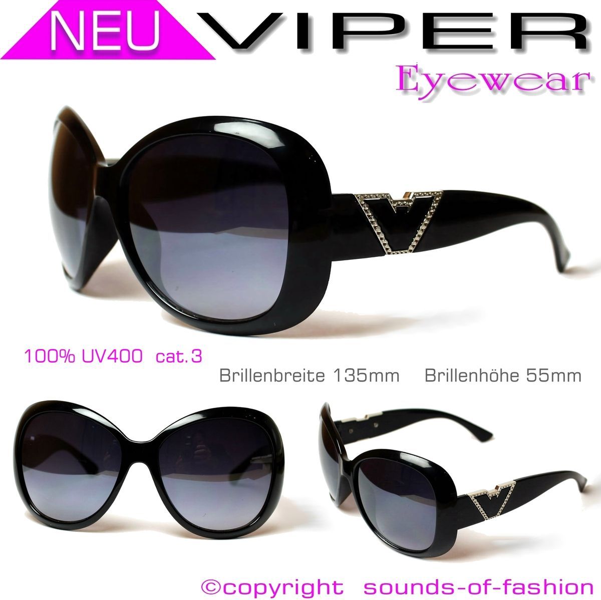 ELEGANTE DAMEN SONNENBRILLE SCHWARZ DESIGNER SCHMUCK GESTELL VIPER