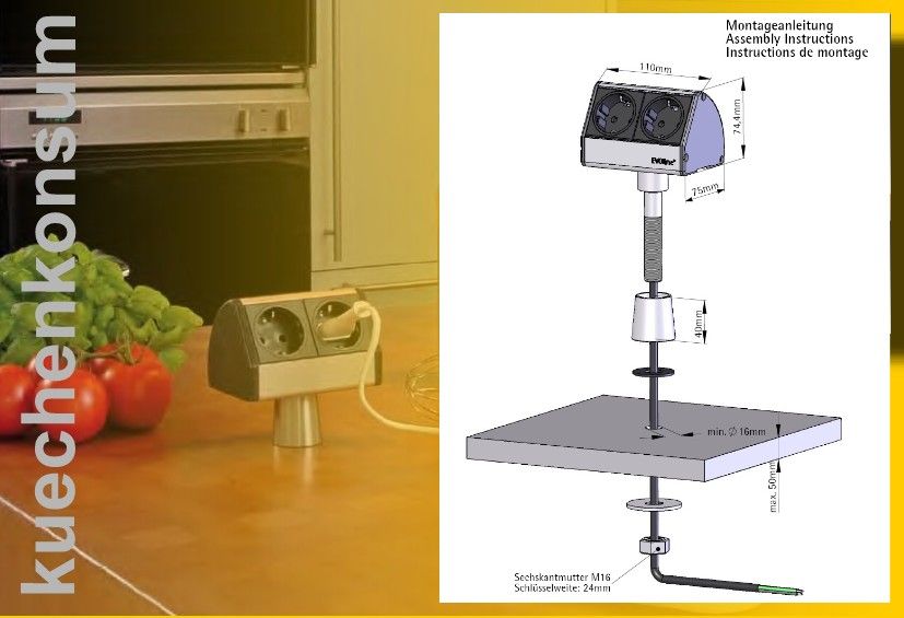 Evoline 2er Steckdose Inselsteckdose T Dock waagerecht Tischsteckdose