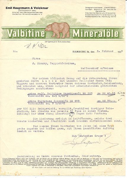 Hamburg,Rechnung,Valbitine Mineralöl,1939,deko